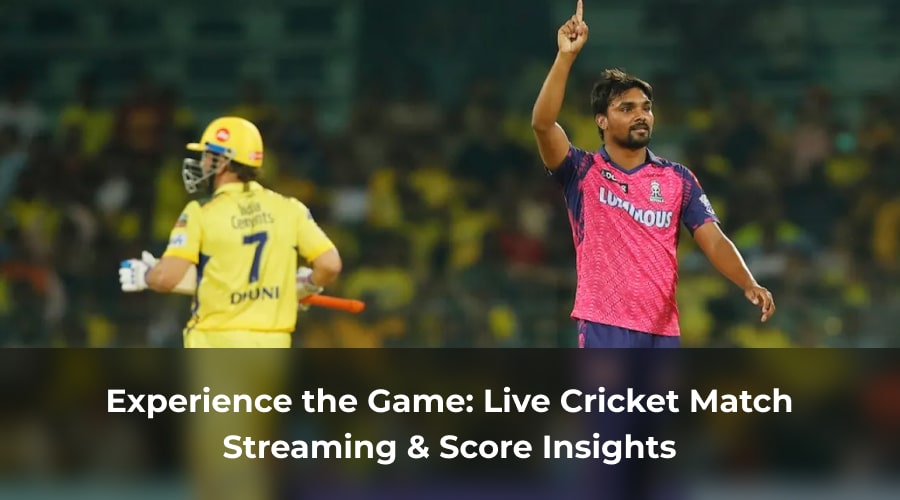 Cricketers in action during an Indian Premier League match with bold text banner highlighting live streaming and score insights